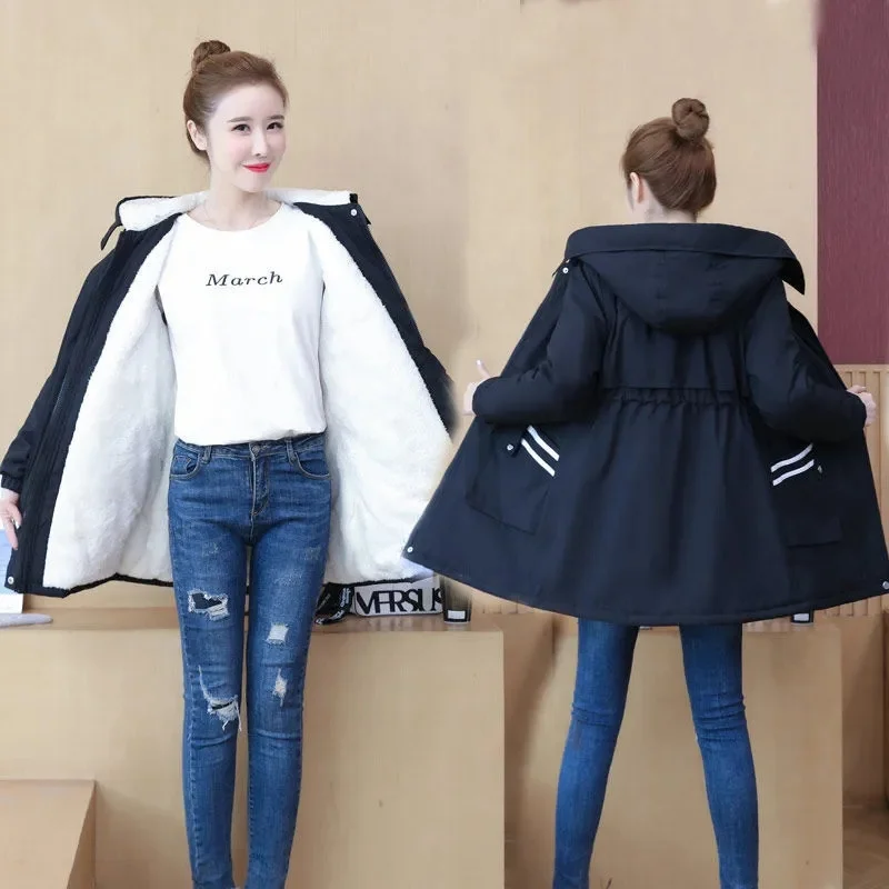 Velvet Thickened Mid-length Windbreaker Women's 2022 Autumn Winter New Korean Version Waist-reduced All-match Jacket Women Trend