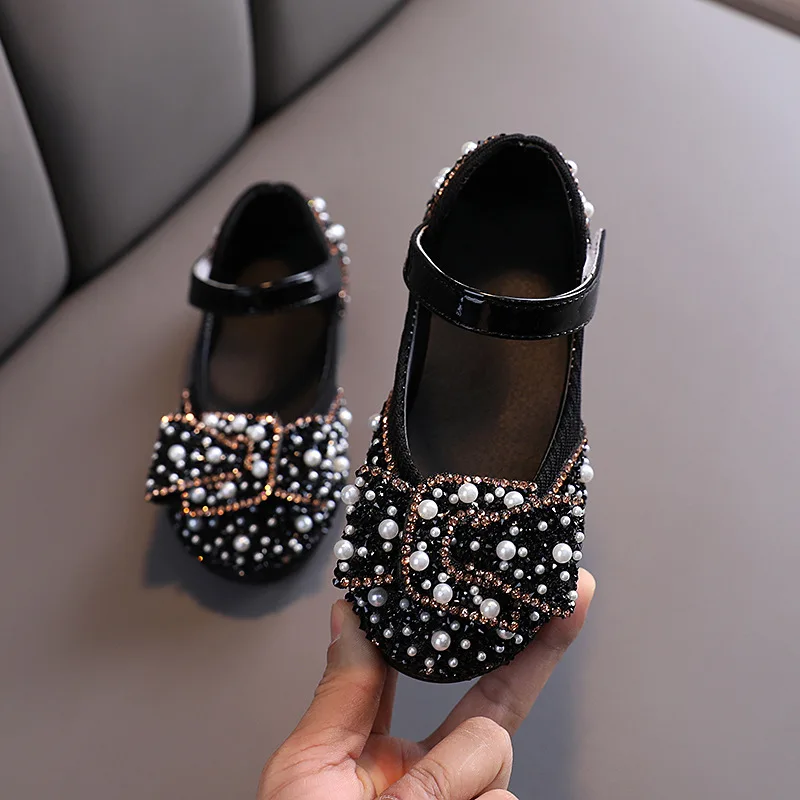 

2022 New Children Casual Shoes Girls Princess Flat Heel Party Shoes Sequins Bow Pearl Crystal Bling Baby Performance Shoes