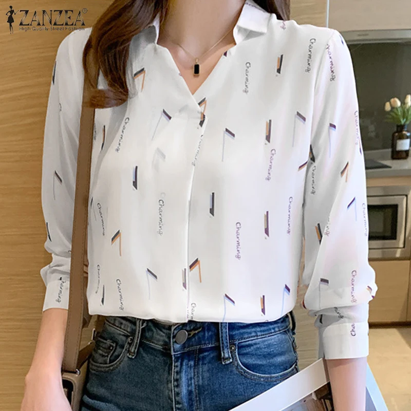 

ZANZEA Весенняя модная женская рубашка с отложным воротником, топы, богемная Повседневная мешковатая уличная Элегантная блузка большого разм...