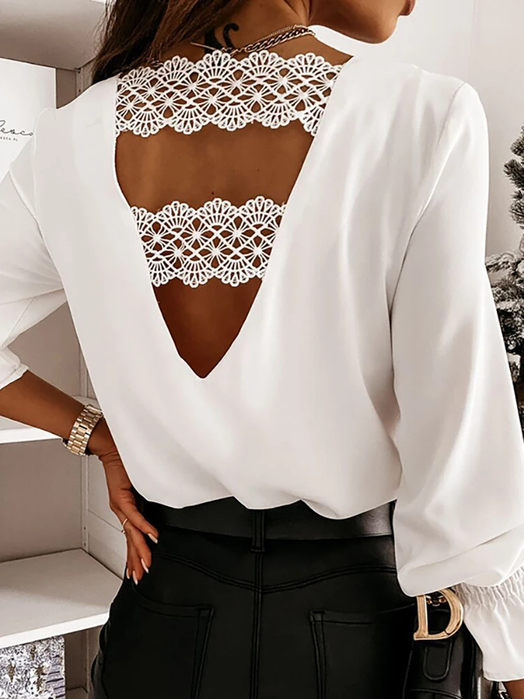 

Women Sexy V Neck Embroidery Lace Backless Blouse Spring Office Lady Petal Sleeve Solid Pullover Tops Autumn Elegant Shirt Blusa