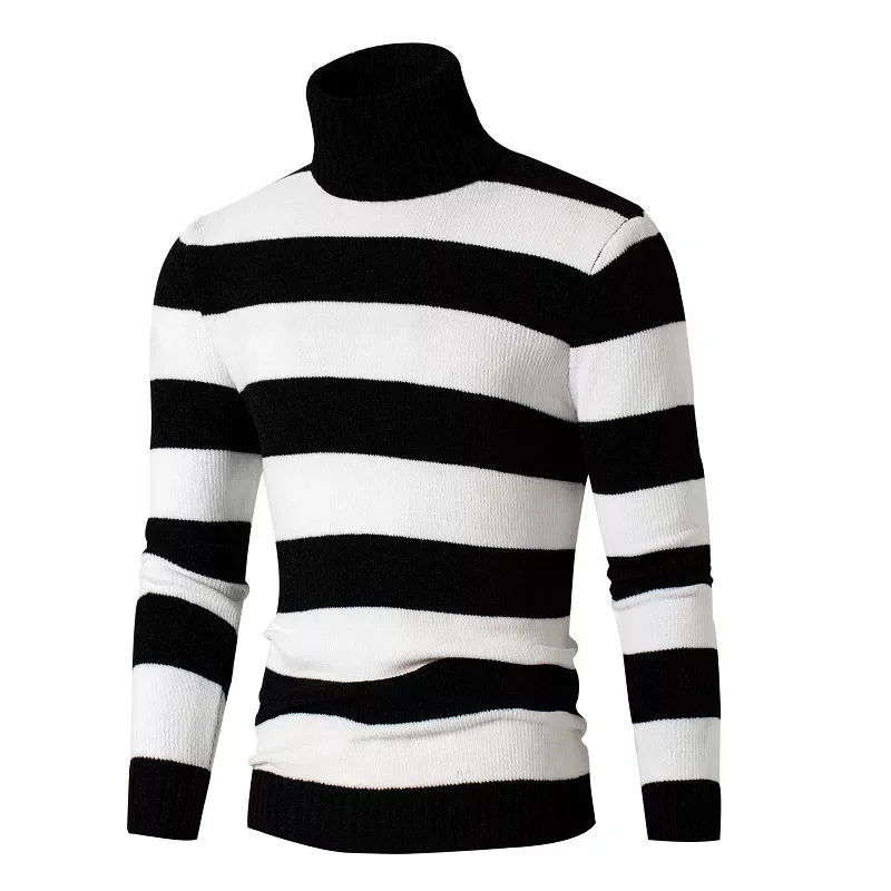 

2022New Winter Knitted Sweater Men Turtleneck Pullovers Fashion Striped Turtleneck Sweater Mens Casual Slim Fit Knit Sweater Me