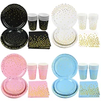 40pcs disposable party tableware set gold disposable cups plates paper napkins for wedding adult kids birthday party decorations