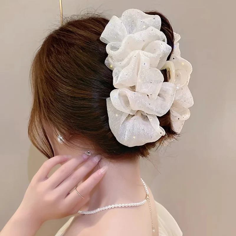 

New Ladies Bow Grab Clip Mesh Yarn Large Ponytail Braid Shark Clip Elegant Bath Hair Claw Girl Headdress Summer Accessories