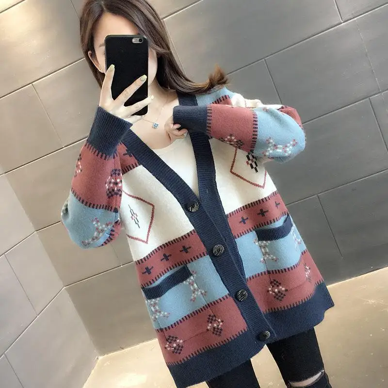 

Vintage Contrast Cardigan Sweater 2022 New Autumn Winter Knitted Jacket Women Fashion V-neck Loose Knitted Cardigan Clothing