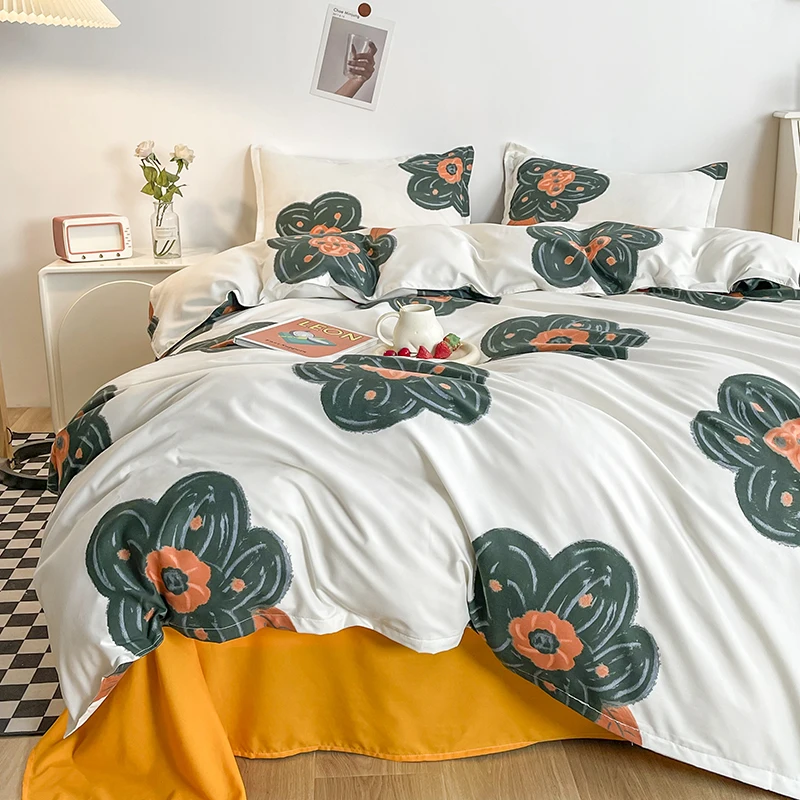

Cartoon Floral Duvet Cover Set in Stock Orange Bed Linen 2 Bedrooms Twin Queen King Size 150x200cm Bedding Set Home Textile