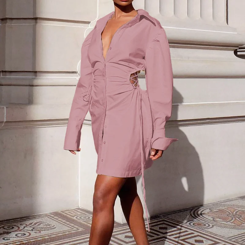 

Элегантное пикантное розовое Хлопковое платье-рубашка, женское осеннее Короткое облегающее платье с длинным рукавом и отложным воротником...