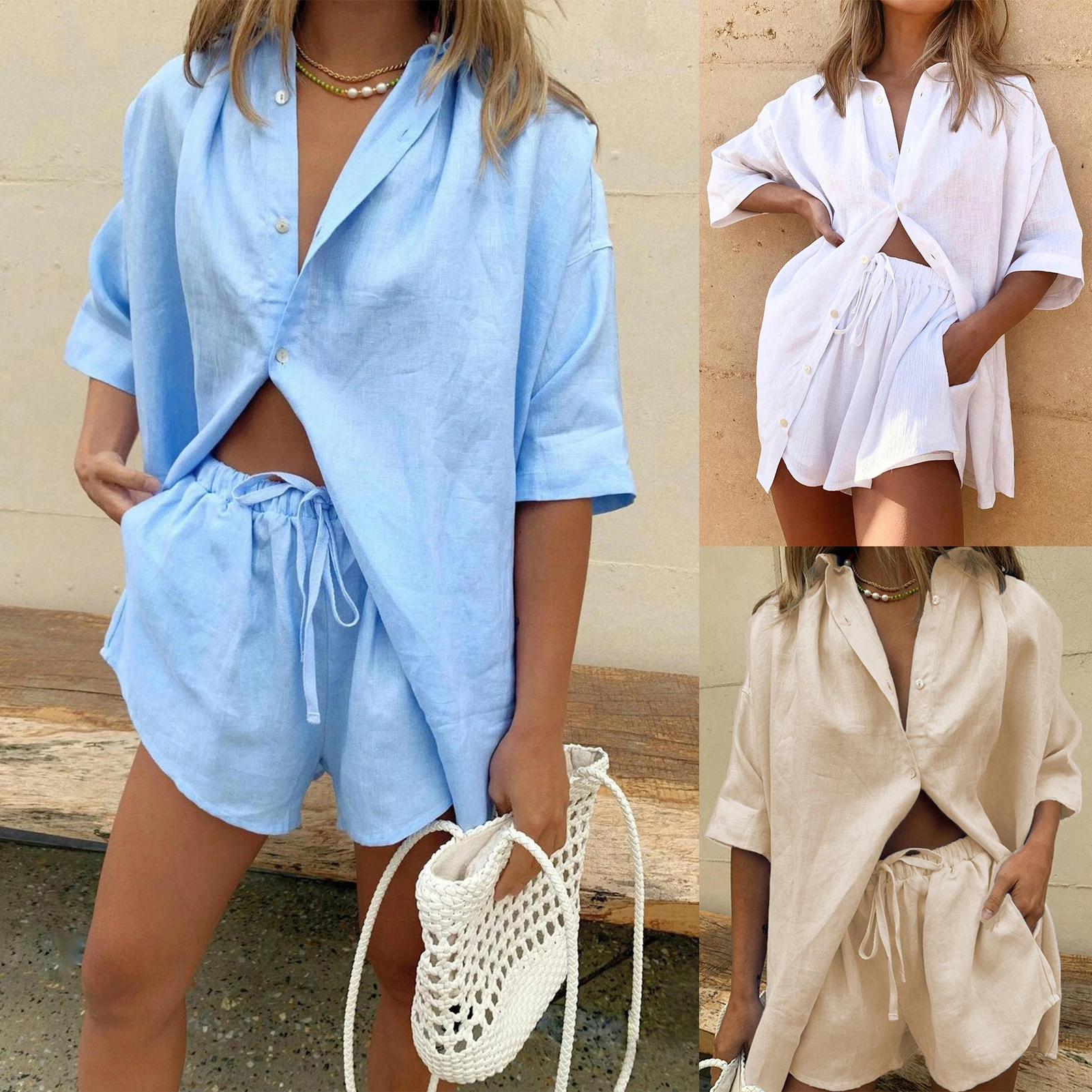 

Summer Loose 2 Pieces Women Outfits Cotton Half Sleeve Single Breasted Shorts Set Solid Sleepwear Women's Suit