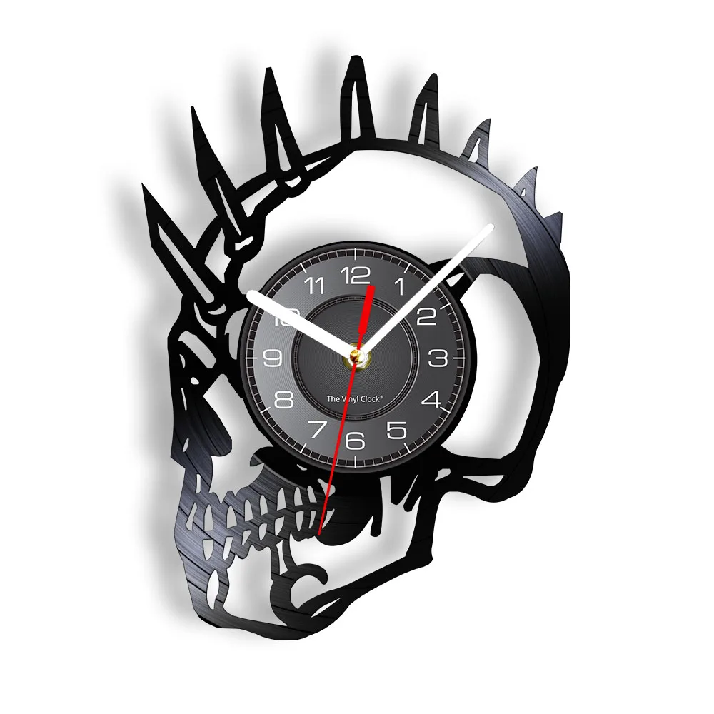 Vintage Rude Dude Punk Skeleton Halloween Horror Decor Mohican Biker Tattoos Scary Skeleton Head Monster Vinyl Record Wall Clock
