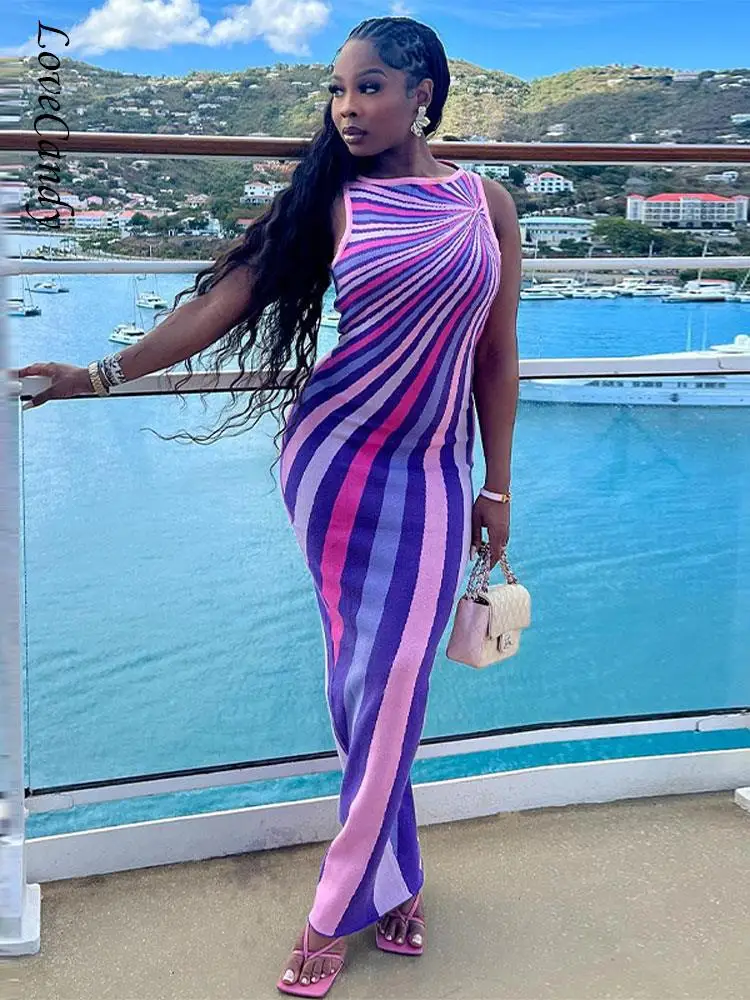 

Women Sexy Backless Striped Knitted Dress Casual Contrast Color Sleeveless Long Dresses Summer Female Vacation Party Vestidos