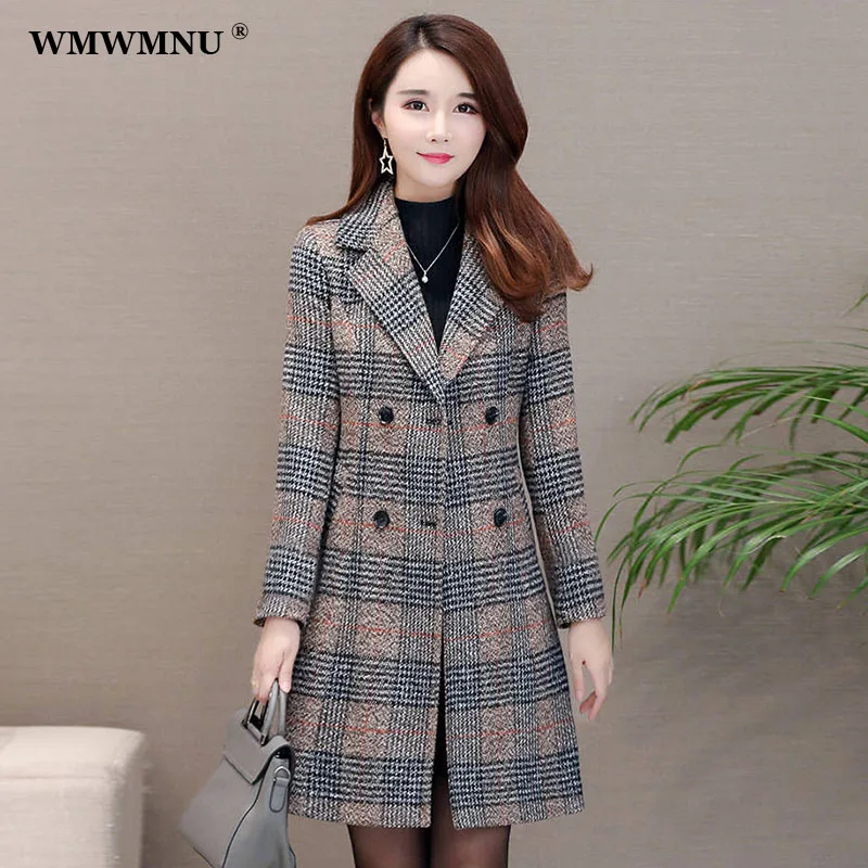 

6Xl 5Xl Vintage Plaid Striped Warm Woolen Coat Women Elegant Double Breasted Blends Trench Overcoat Winter Quilted Cotton Jacket