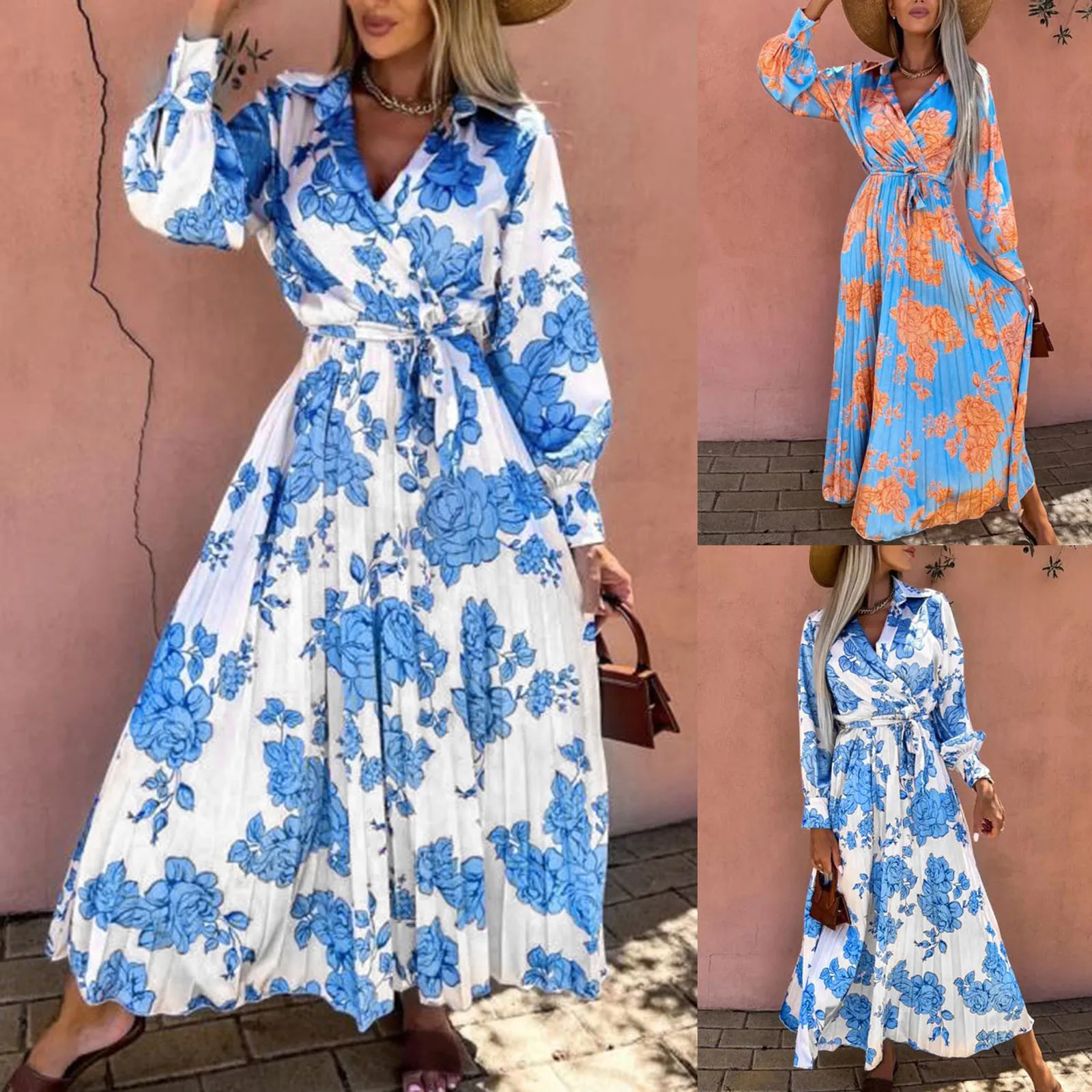 

Женское платье с длинным рукавом и принтом, длинное платье с завязкой на талии в стиле бохо, повседневные платья для женщин ниже колена, летн...