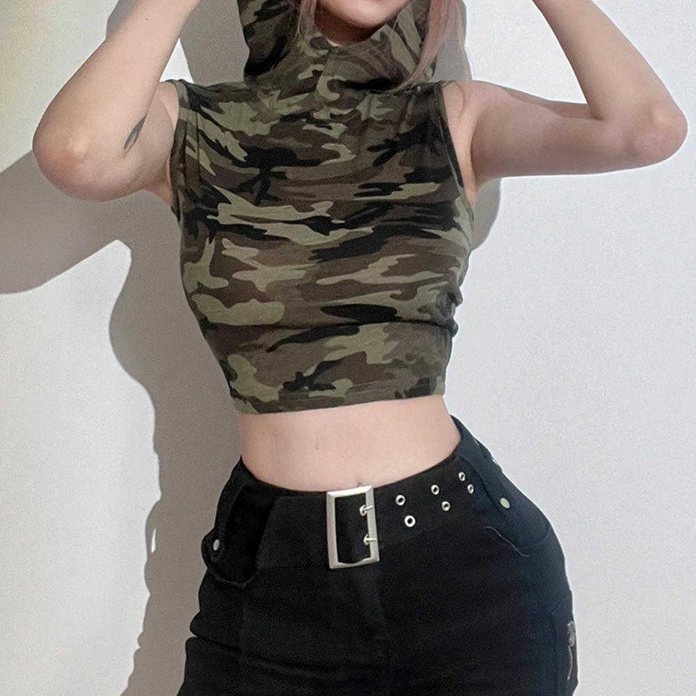 

2023 Summer New Women's Clothing Yk2 American Camouflage Print Hooded Sleeveless T-Shirt Back Hollow Slim Top Women