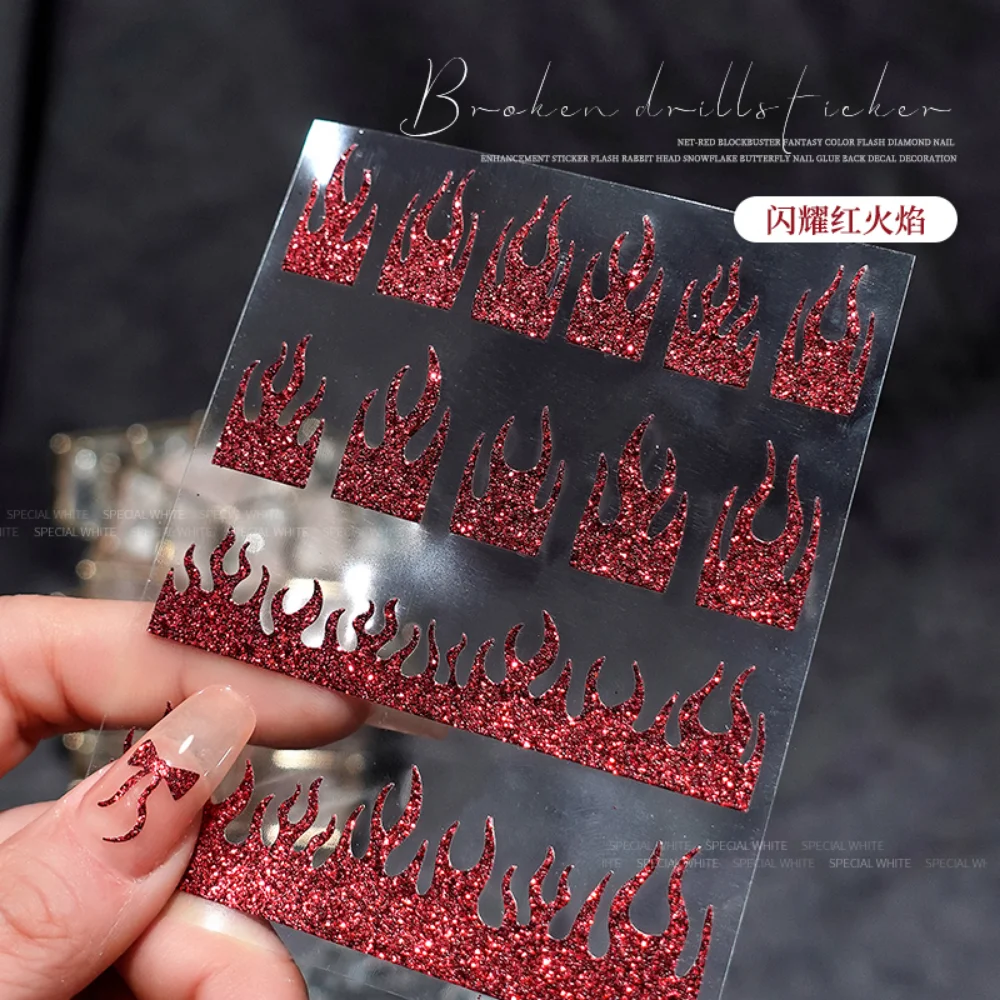 

2023 Red Sparkling Microrelief Nail Sticker Sparkling Butterfly Flame Broken Diamond Rose Nail Decal Pattern Nail Decoration