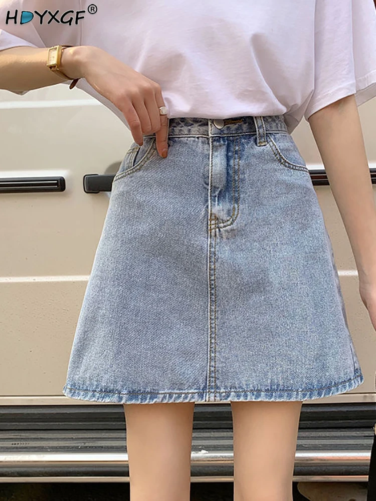 

Винтажная юбка-трапеция с завышенной талией, на одной пуговице, ярко-синяя джинсовая короткая юбка в стиле колледжа, Новинка лета, Корейская пикантная мини-юбка Y2k в ковбойском стиле