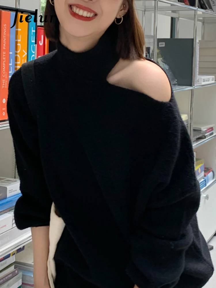 

Jielur сексуальный трикотажный свитер с открытыми плечами Серый Черный Белый Женский Осенний Корейский Новый Свободный Тонкий женский свитер...