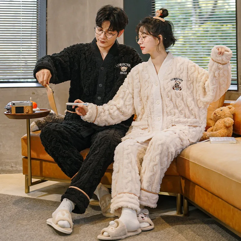 2022 Flannel Sleepwear New Women Men Winter Warm Fleece Couples Pajamas Set Lovers Nightgown Kimono Pijamas Home Clothes