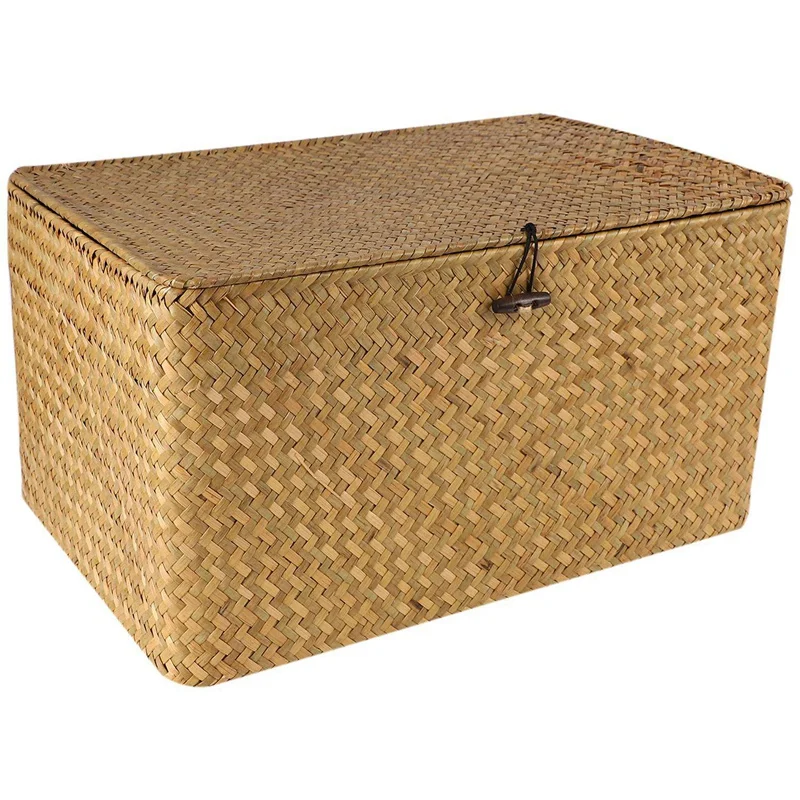 

4X Handmade Straw Woven Storage Basket With Lid Makeup Storage Box Seagrass Laundry Baskets Rattan Jewelry Box(L)