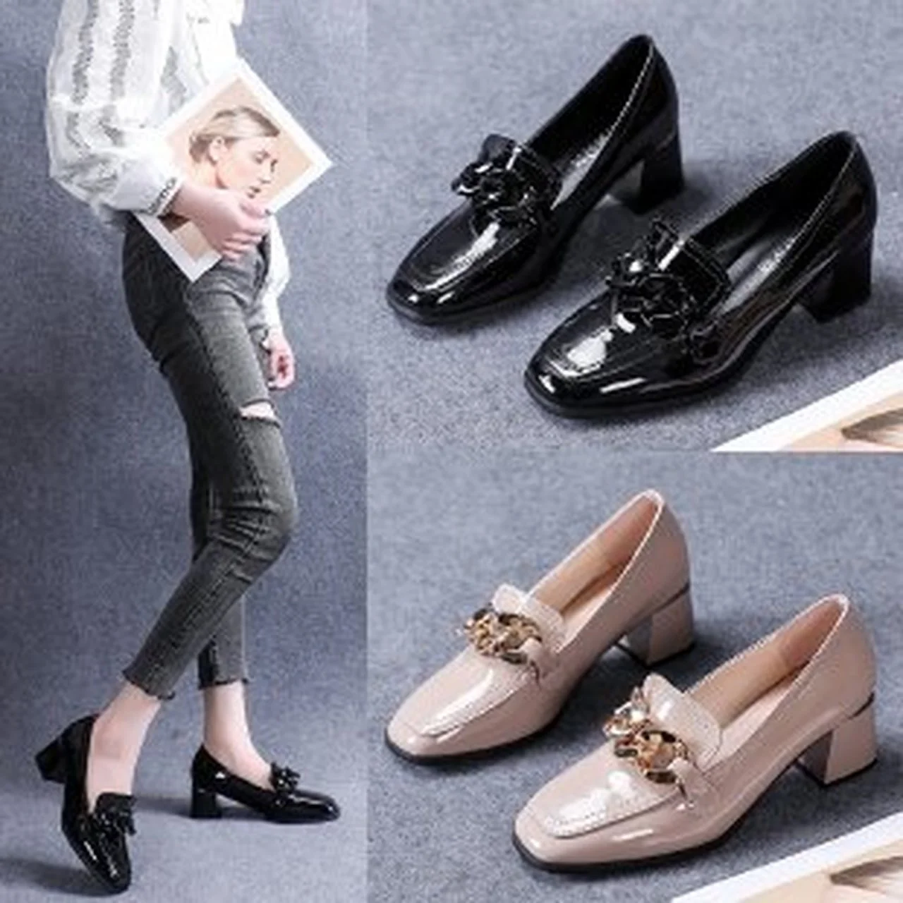 

Women's high heels fashion square toe single shoes thick heel work shoes autumn shallow mouth chain decoration black femaleshoes