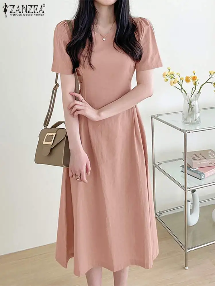 

Women Elegant Party Holiday Sundress 2023 ZANZEA Summer Short Sleeve O Neck Solid Midi Dress Robe Femme Casual A-line Vestido