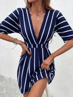 2023 Summer Dresses for Women Casual Long Women's Striped Print Wrap V Neck Short Sleeve A Daytime Dresses Women Casual 1