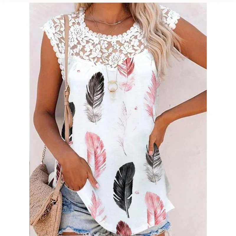 

Sexy Lace Print Splice Tshirts Cotton O Neck Sleeveless Women Loose Casual Vest Tees 2023 Summer Fashion Solid Tshirt Tops Femme
