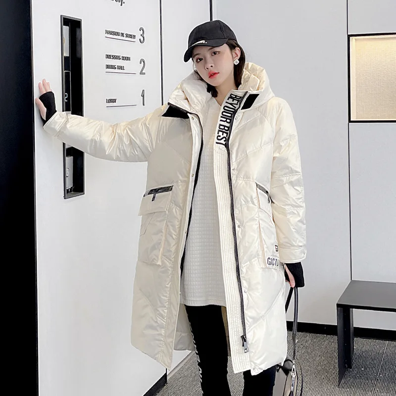 New Winter White Duck Down Jacket Women's Mid-Length 2022 Korean Version Over-The-Knee Coat Thick Warm Fashion Parkas Female