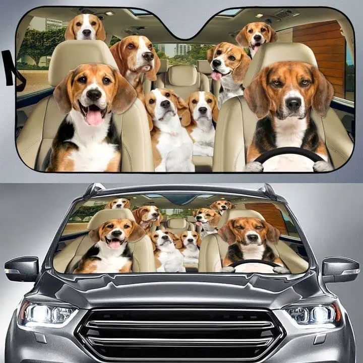 

Beagle Family Auto Sun Shade Car Windshield Window Cover Sunshade, Beagle Family Members Driving Left Hand Auto Sun Shade, Beagl