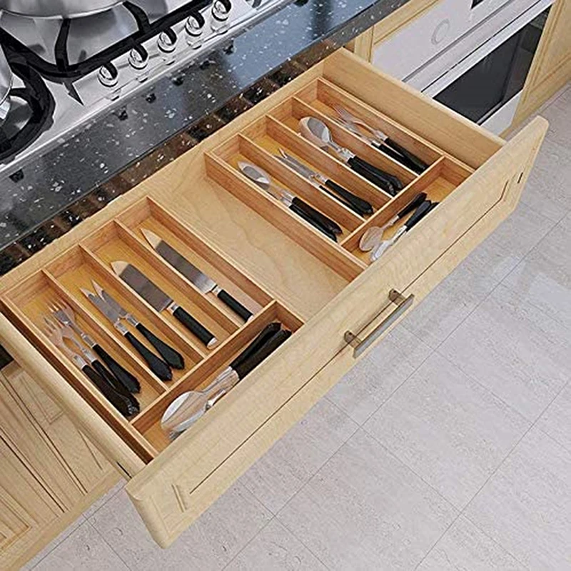 

Bamboo Cutlery Tray 5 Grid Kitchen Storage Box Non-Retractable Tableware Storage Boxes Household Jewelry Tools Drawer Organizer
