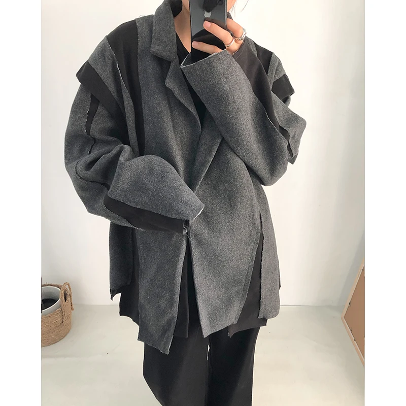 SuperAen Korean Style Dark Woolen Coat Edge Design Autumn and Winter Turn Down Jacket Coat for Women