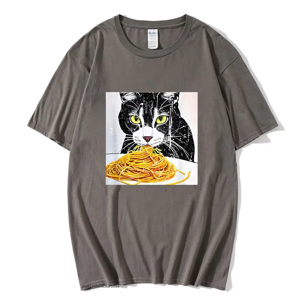 

Cat Eating Spaghetti T-Shirts Streetwear MEN Cartoon Graphic Tshirt Korean Style Clothes Short-sleeved Top 100%Cotton Women Tees