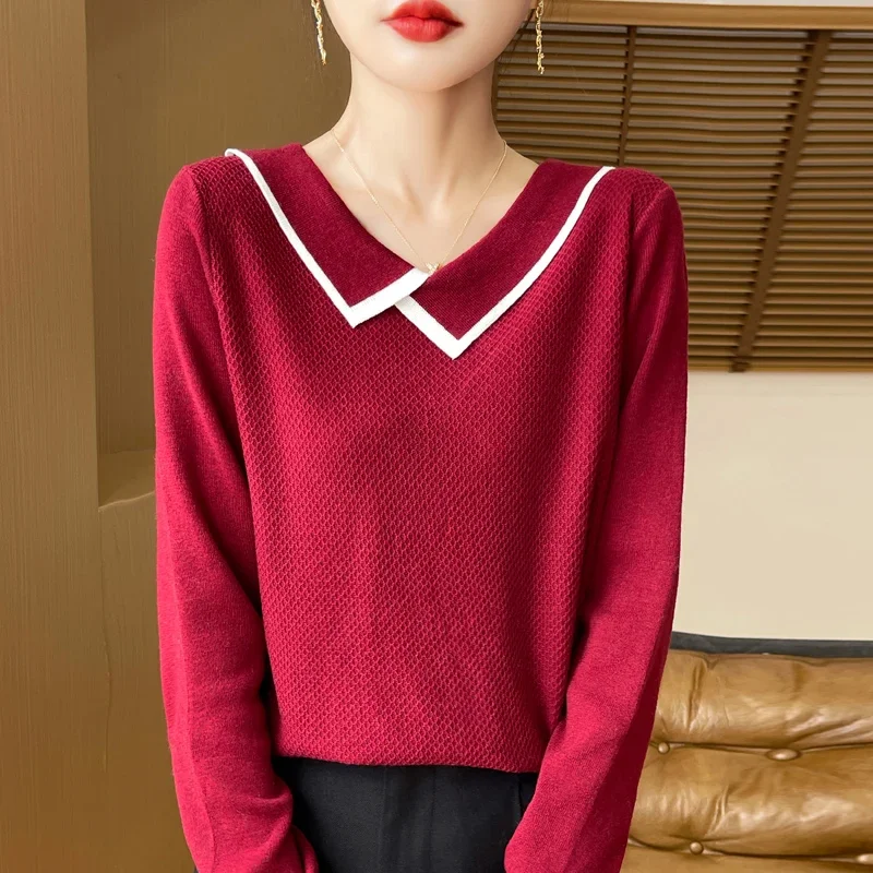 Осень-зима женский свитер из мериносовой шерсти нерегулярный контрастный