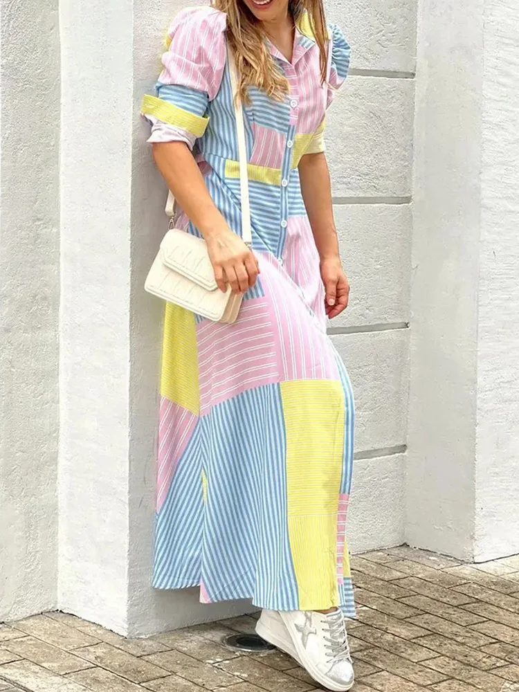 

Striped Print Colorblock Puff Sleeve Shirt Dress Women Casual Maxi Dress