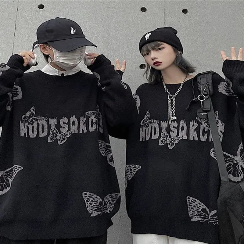 

Butterfly Letter Couple Autumn and Winter Y2K Vintage Aesthetics Gothic Harajuku Super Large Knitted Korean Sweater Pullover