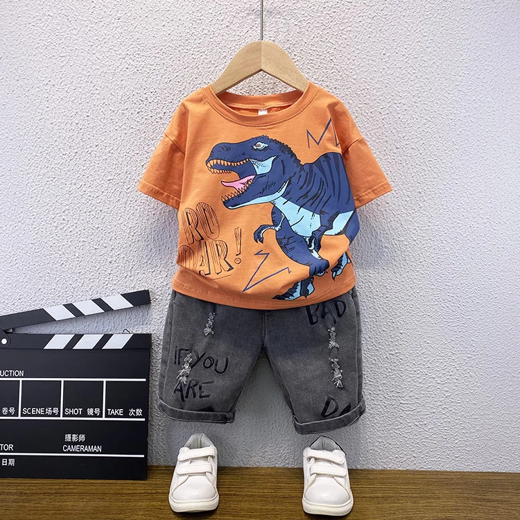 

Baby Boys Short Sleeve Cartoon Dinosaur T-Shirt + Denim Shorts 2pcs Suit Summer Baby Boy 2-10Year Children Holiday Clothes