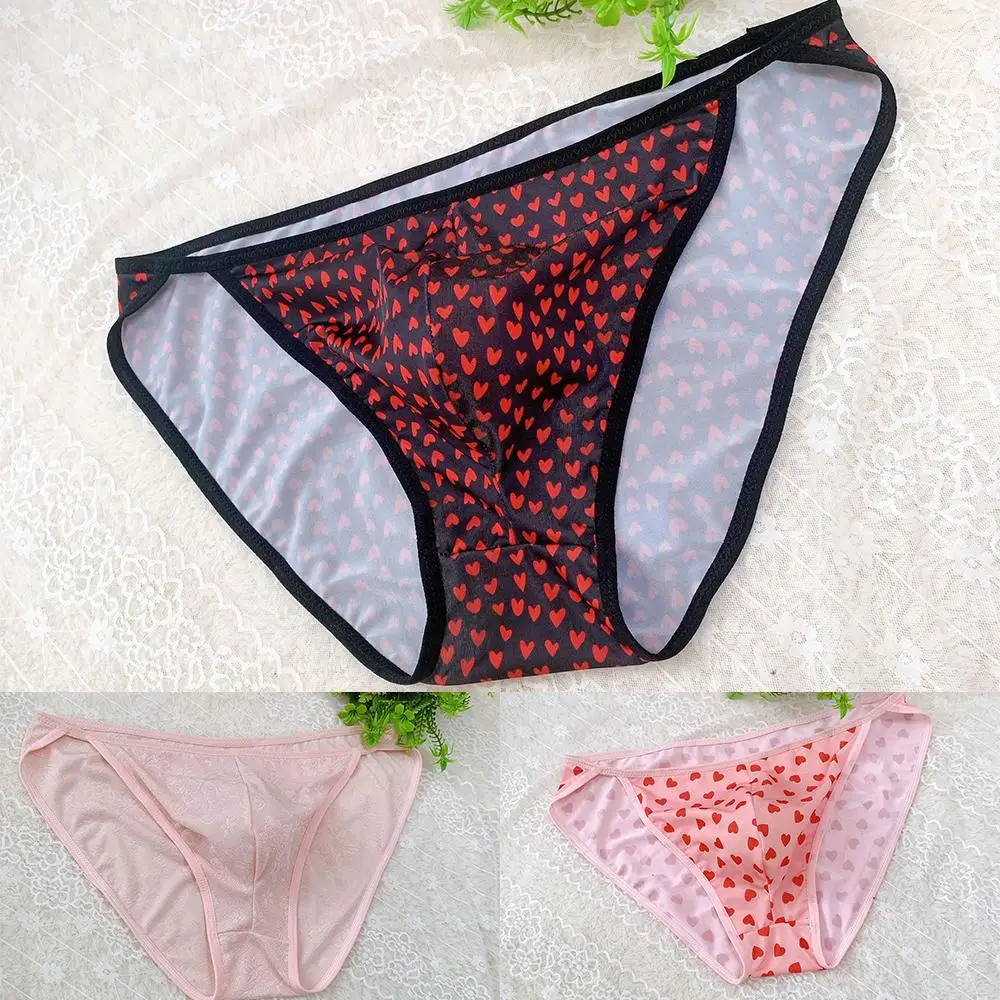 Men Sexy Ice Silk Print Bulge Pouch Briefs Bikini Lingerie Soft Comfortable Underwear Seemless Breathable Underpants A50