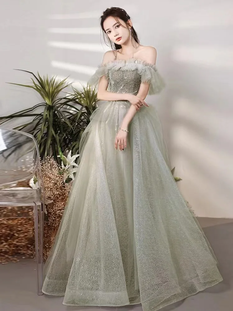 

Light Green Evening Dress For Women Exquisite Sequins Beading Long Luxury 2023 A-Line Tulle Formal Prom Gowns Vestidos De Noche