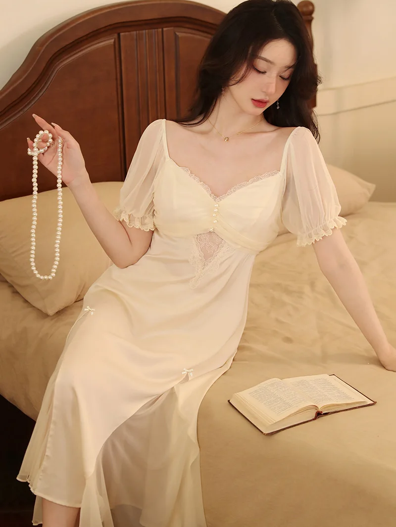 Women Short Sleeve Sweet Fairy Night Dress Pajama Nightgowns Sexy Silk Ruffles Mesh Victorian Princess Sleepwear Loungewear