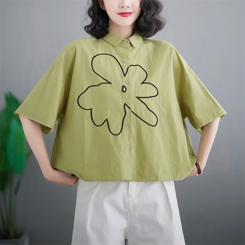 

2023 New Arrival Japanese Korea Style Embroidery Floral Chic Girls Loose Summer Blouse Shirts Street Fashion Women Casual Blouse