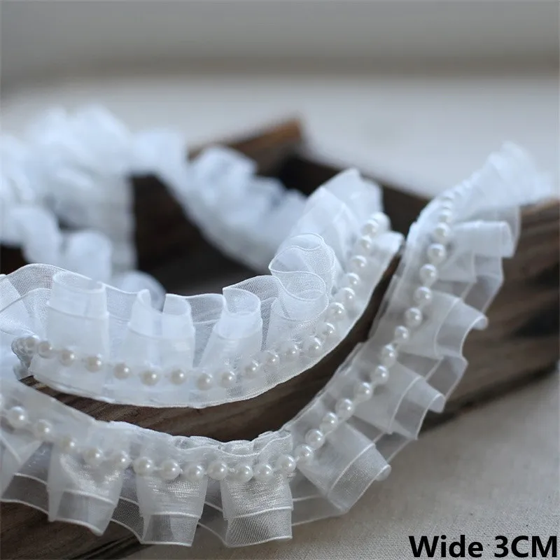 

3CM Wide Double Layers White Tulle Yarn Pleated Fabric Beaded Fringe Lace Edge Trim Wedding Dress Collar Cloth DIY Sewing Decor