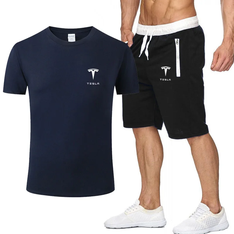 

Tesla Print Logo New Men's Sets Summer Suit Men's Fitness Suit Sports Suit Short-sleeved Cotton T-shirt + Shorts 2-piece Sets
