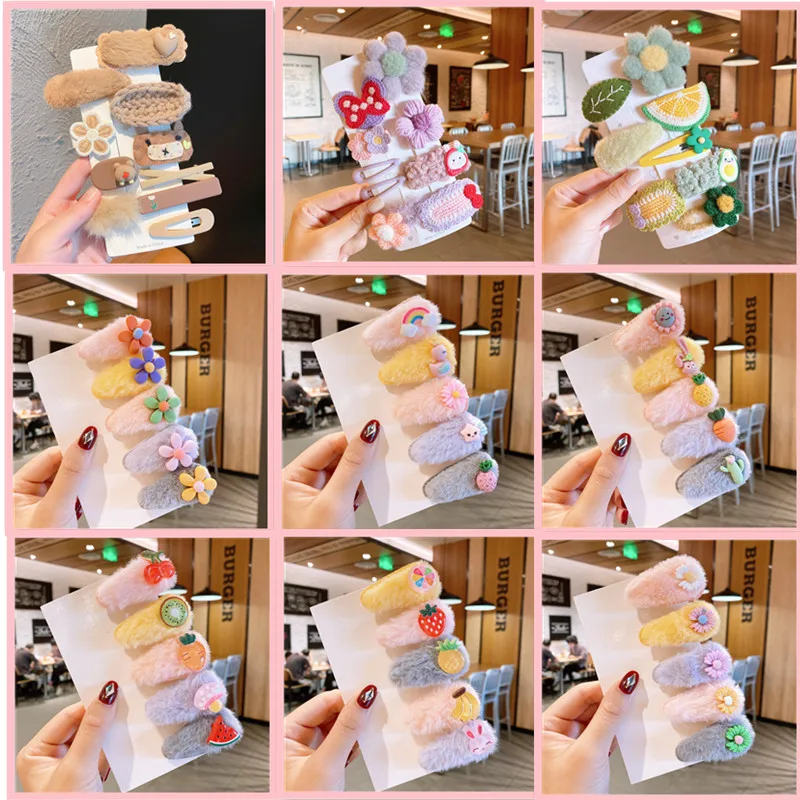 

5 Pcs/lot New Cute Plsuh Haipin for Baby Girls Milk Coffee Color Cartroon Bangs Side Hairpin Hair Little Girl Hair Accessories