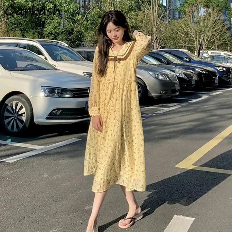 

Dresses Women Yellow Print College Style Lovely Ladies Young Girls Spring Loose Fashion All-match Peter Pan Collar Vacation Kpop