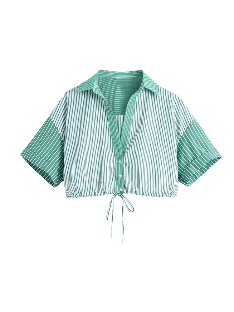 

YLJHQX 2022 Women Summer Fashion Patchwork Striped Short Sleeve Shirt Casual Single Breasted Lace Up Lapel Female Cropped Top