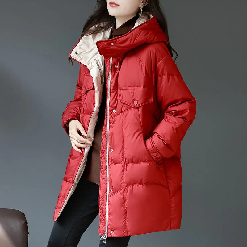 2022 Women Winter Spring Jackets Thick White Duck Down Coats Female Loose Long Warm Outerwear Hooded Down Overcoats A134