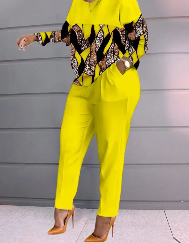 

Two Piece Set Women Outfit 2023 Autumn New Leisure Fashion Leopard Baroque Print Colorblock Top & Pants Set Elegant Commuting