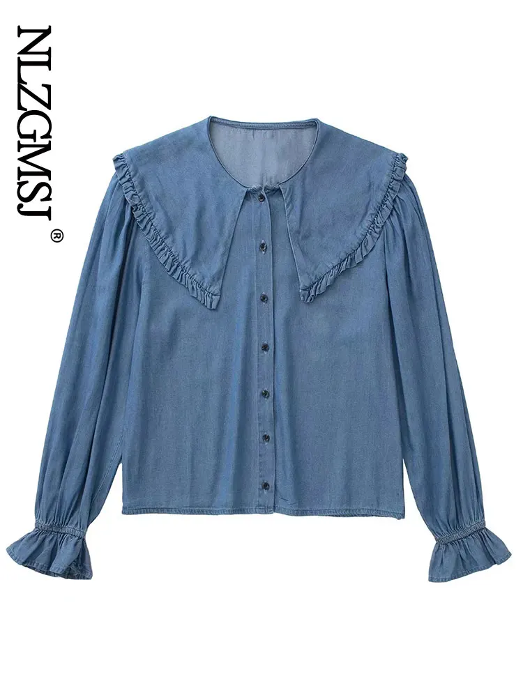 

Nlzgmsj ZBZA Shirts Women 2022 Spring Peter Pan Collar Ruffles Long Sleeve Blouse Button Up Summer Tops 202203