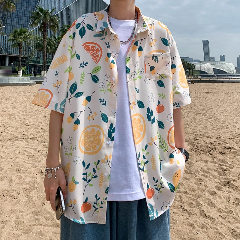 

Summer Men Short Sleeve Shirt Fun Graphic Print Men Casual Top Fashion Loose Lapel-up Men Shirt Harajuku Style Male Shirt Coat