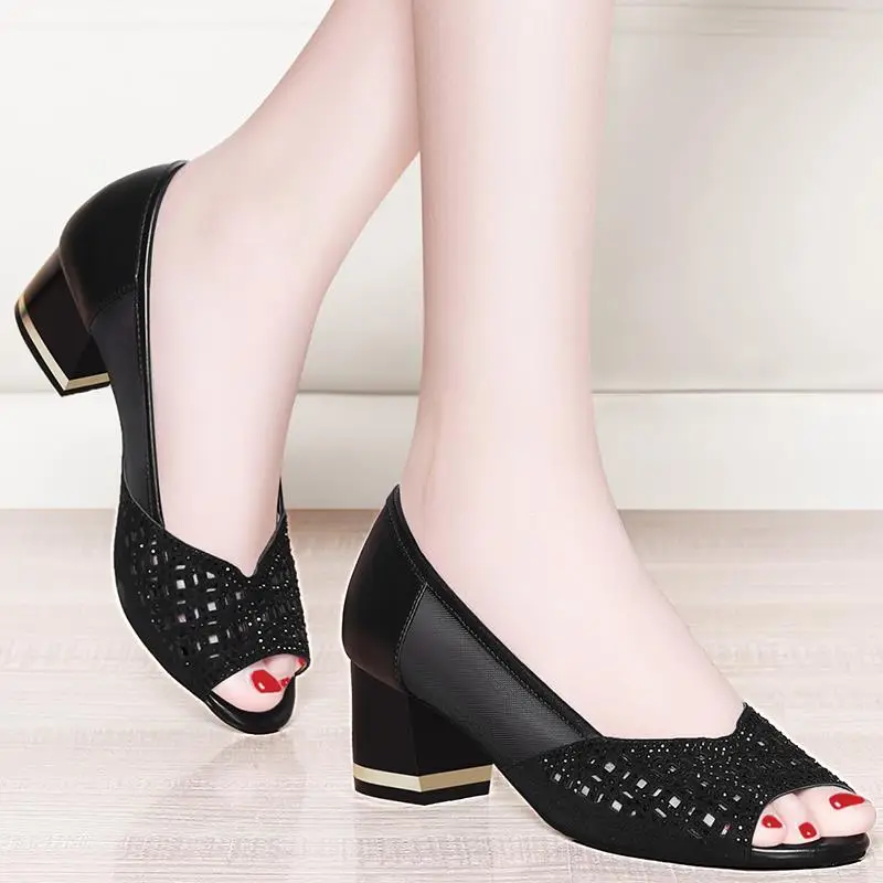 

Plus Size 43 Summer Shoes Women Peep Toe Pumps Bling High Heeld Sandals Dress Shoes Cut-outs Ladies Shoes Mesh Boat Shoes Black