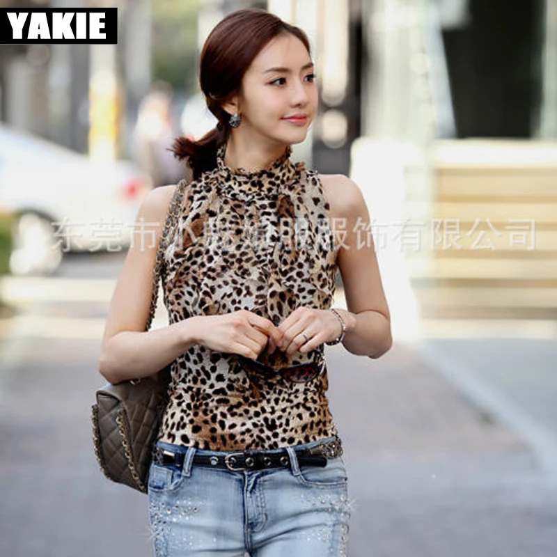 Leopard blouse shirt women plus size sleeveless bow stretch fleece blusa blouses female blusas feminina 2017 tops | Женская одежда
