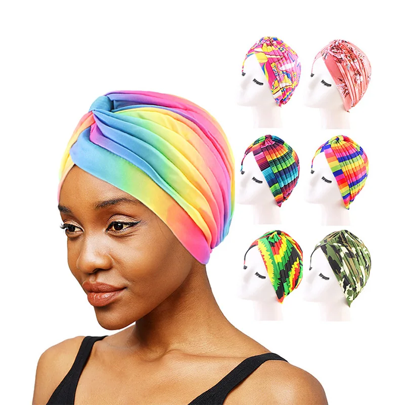

New Fashion Women Printing Design Hijab Caps Soft Ruffle Muslim Wrap Head Turban Chemo Hat Hair Cover Islamic Inner Hijab